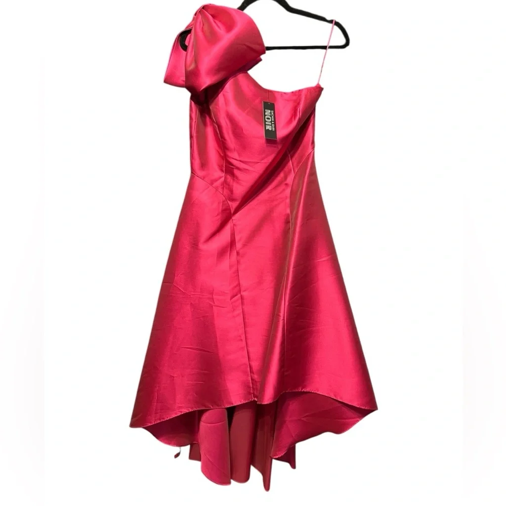 Sachin & Babi Noir Looper High-Low One Shoulder Gown w Bow Accent Tropical Pink - Picture 2 of 5